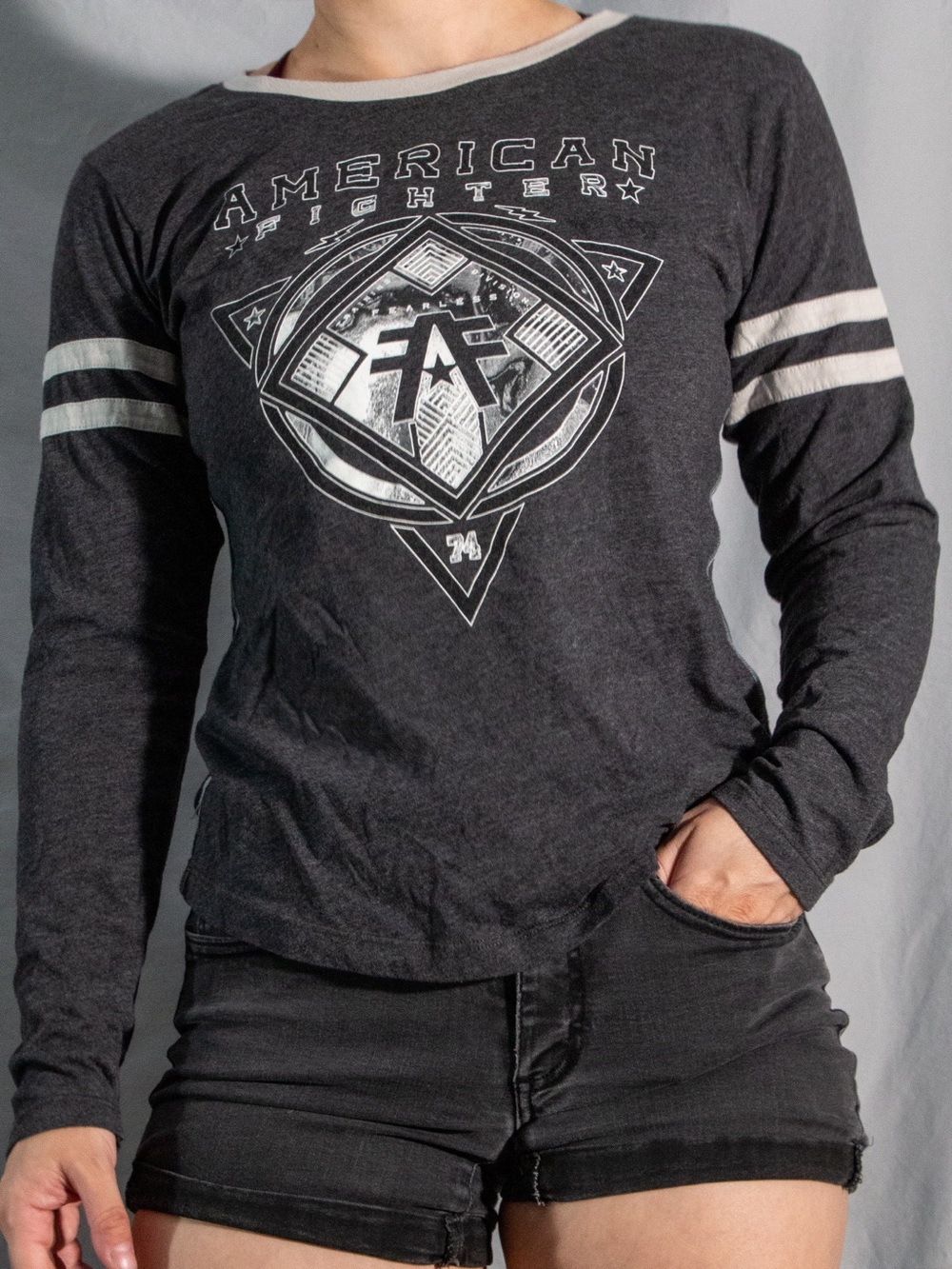 American Fighter Charcoal Long Sleeve Graphic Tee with White Sleeve Stripes